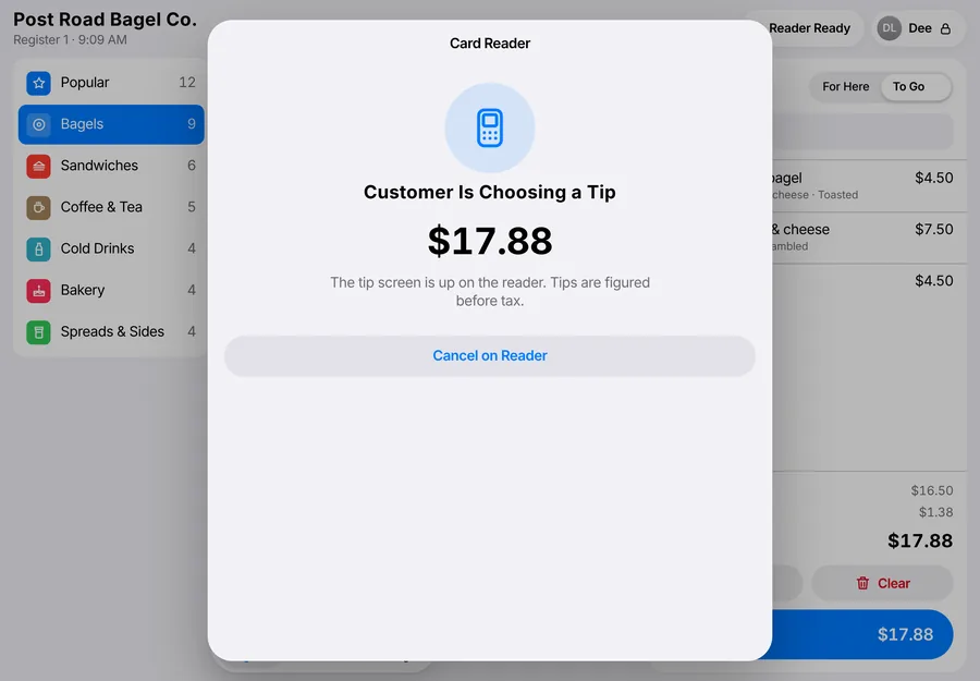 Card Reader screen: Customer Is Choosing a Tip, $17.88, with a Cancel on Reader button.
