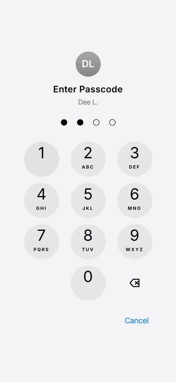 Passcode screen with a phone-style keypad and two of four dots filled.