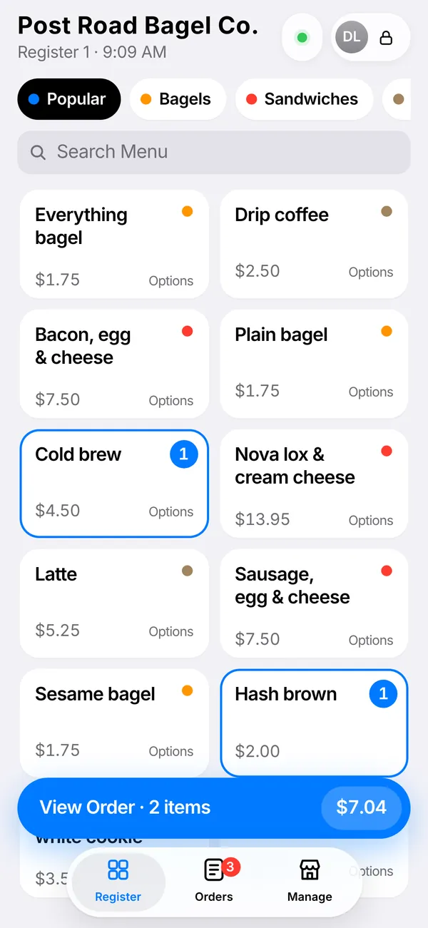 Six on an iPhone, showing menu tiles and a View Order button.