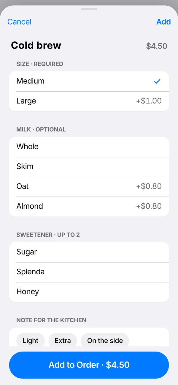 A cold brew's options in a sheet: size, milk, sweetener and kitchen notes, with an Add to Order button.