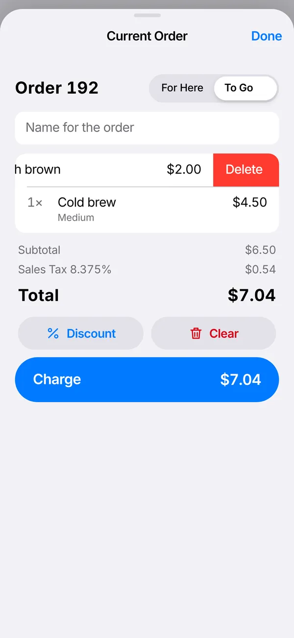 An order with one line swiped left to show a red Delete button.